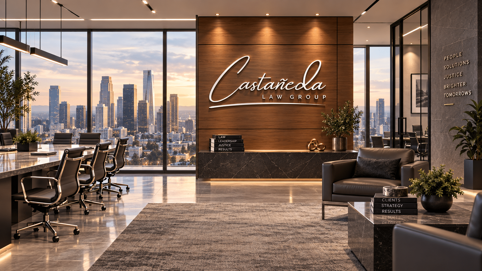 Illustrative conference and reception concept with Castaneda Law Group signature branding and a city skyline